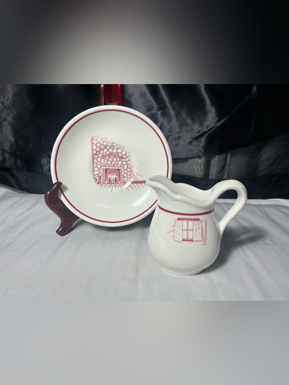 White and Red Ceramic Creamer and Saucer Set - Classic Dinnerware ye old inn